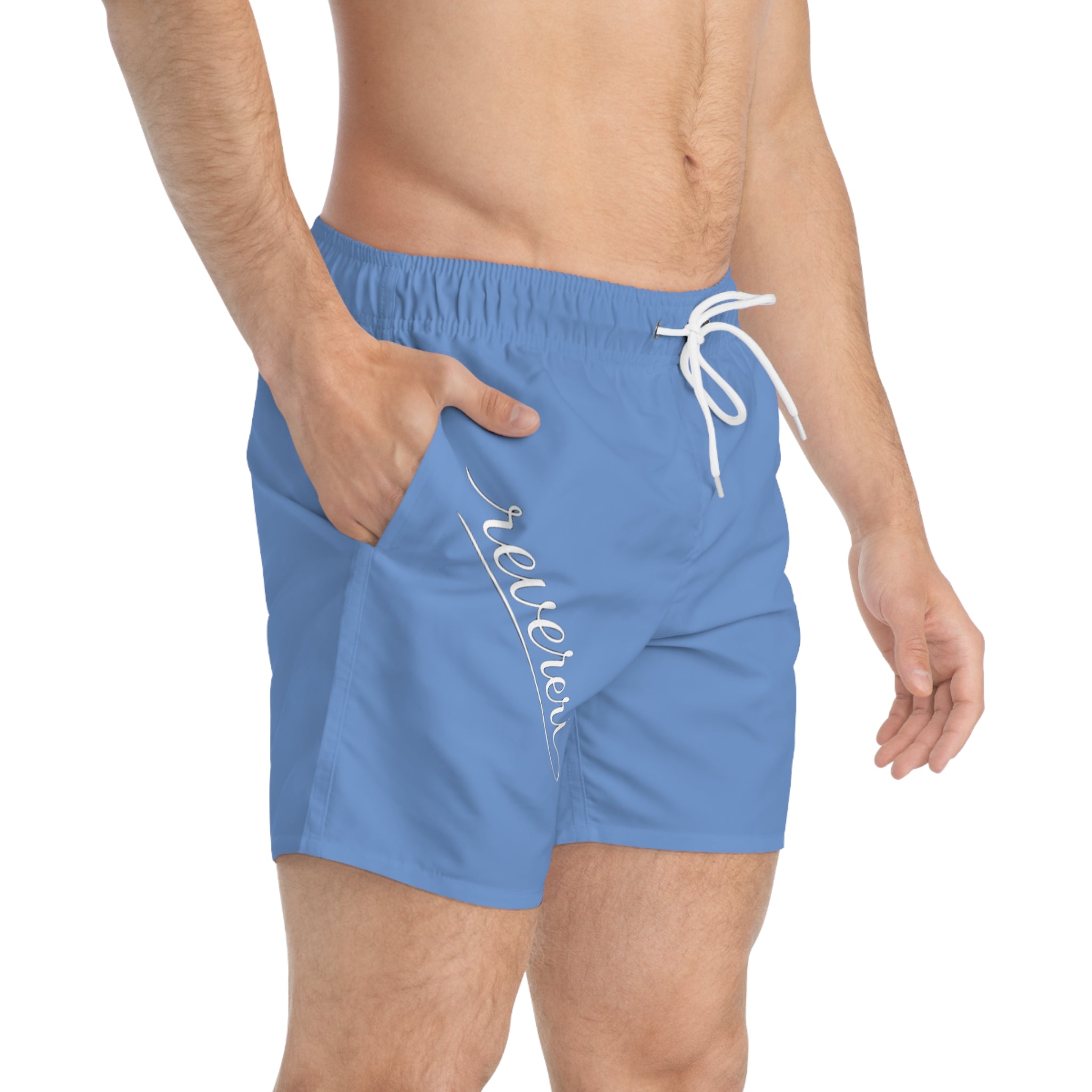 Blue White Font Revereri Beach Trunks