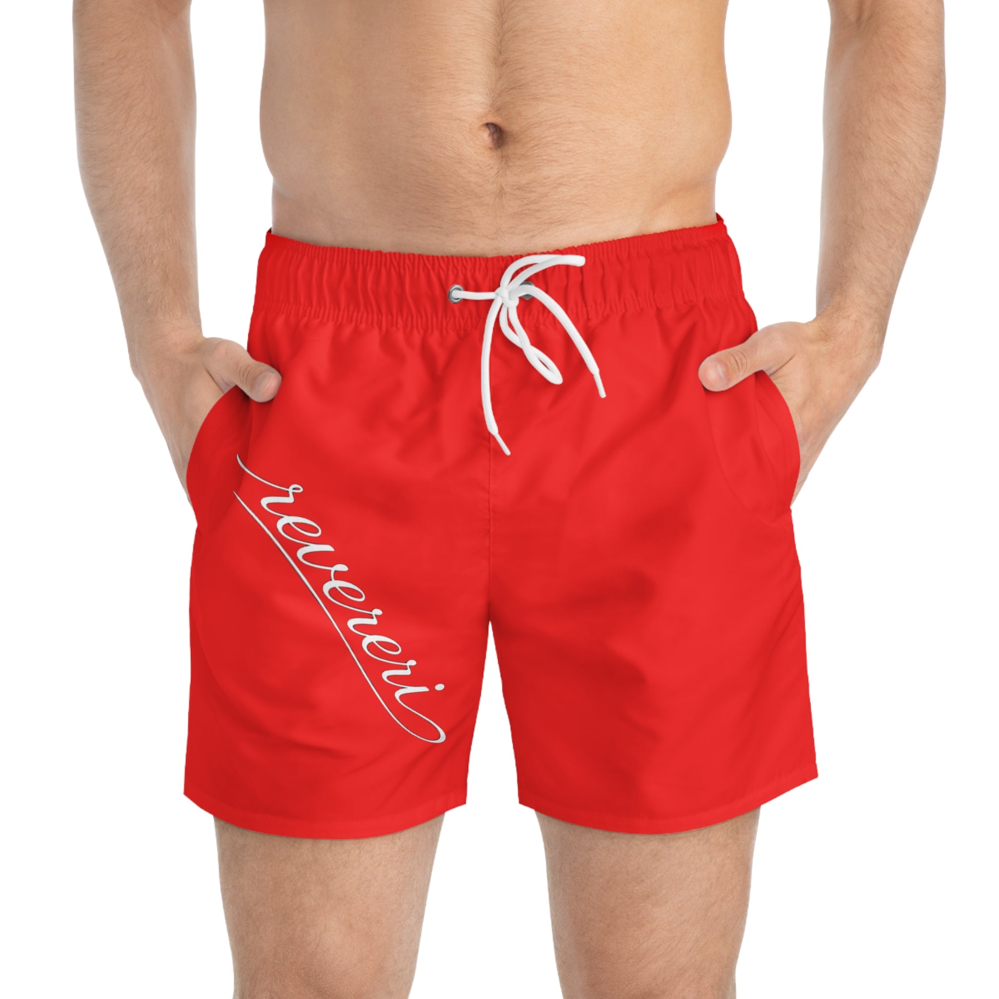 Red White Font Revereri Beach Trunks