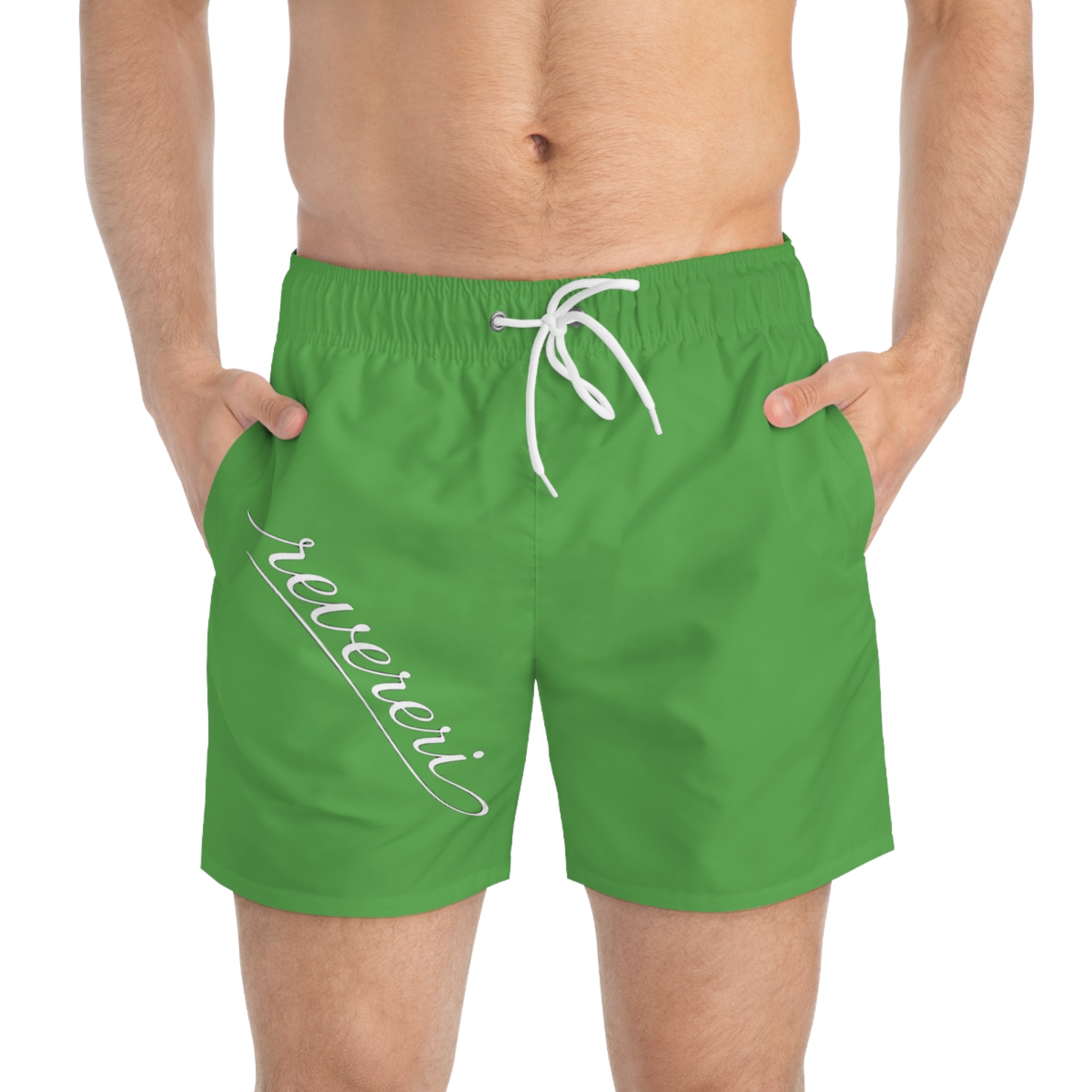 Green 'reverenci' Script Swim Trunks — Men's Beach & Pool Shorts