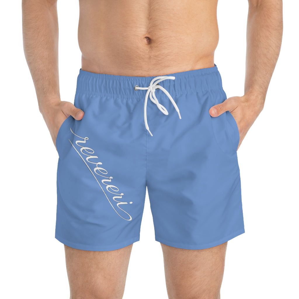 Blue White Font Revereri Beach Trunks