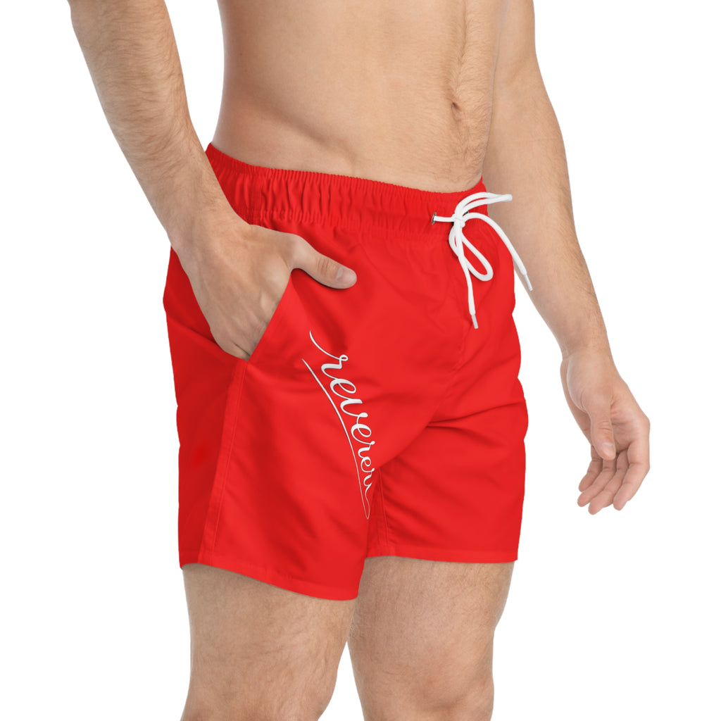 Red White Font Revereri Beach Trunks