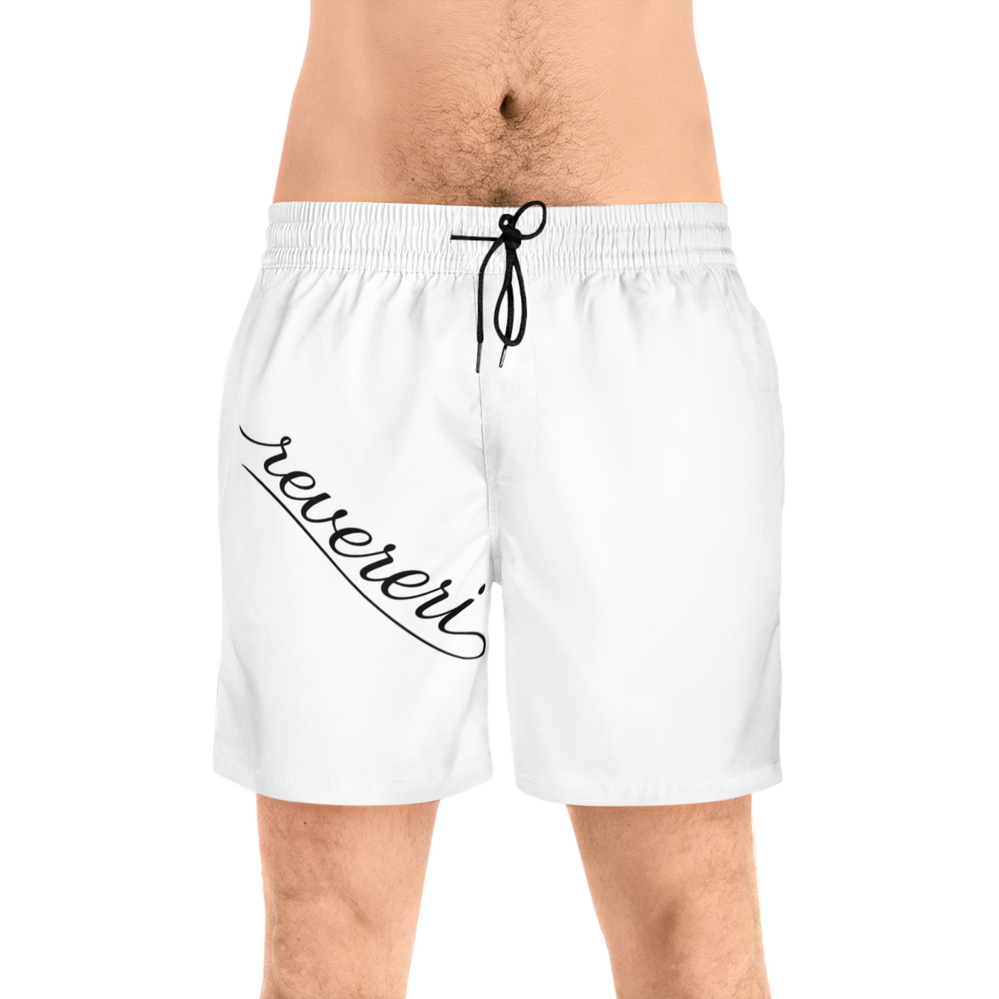 White Black Font Revereri Mid-Length Beach Trunks