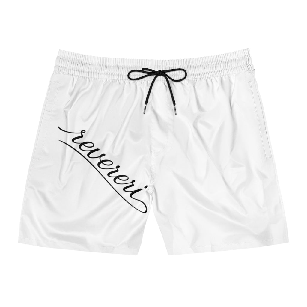 White Black Font Revereri Mid-Length Beach Trunks
