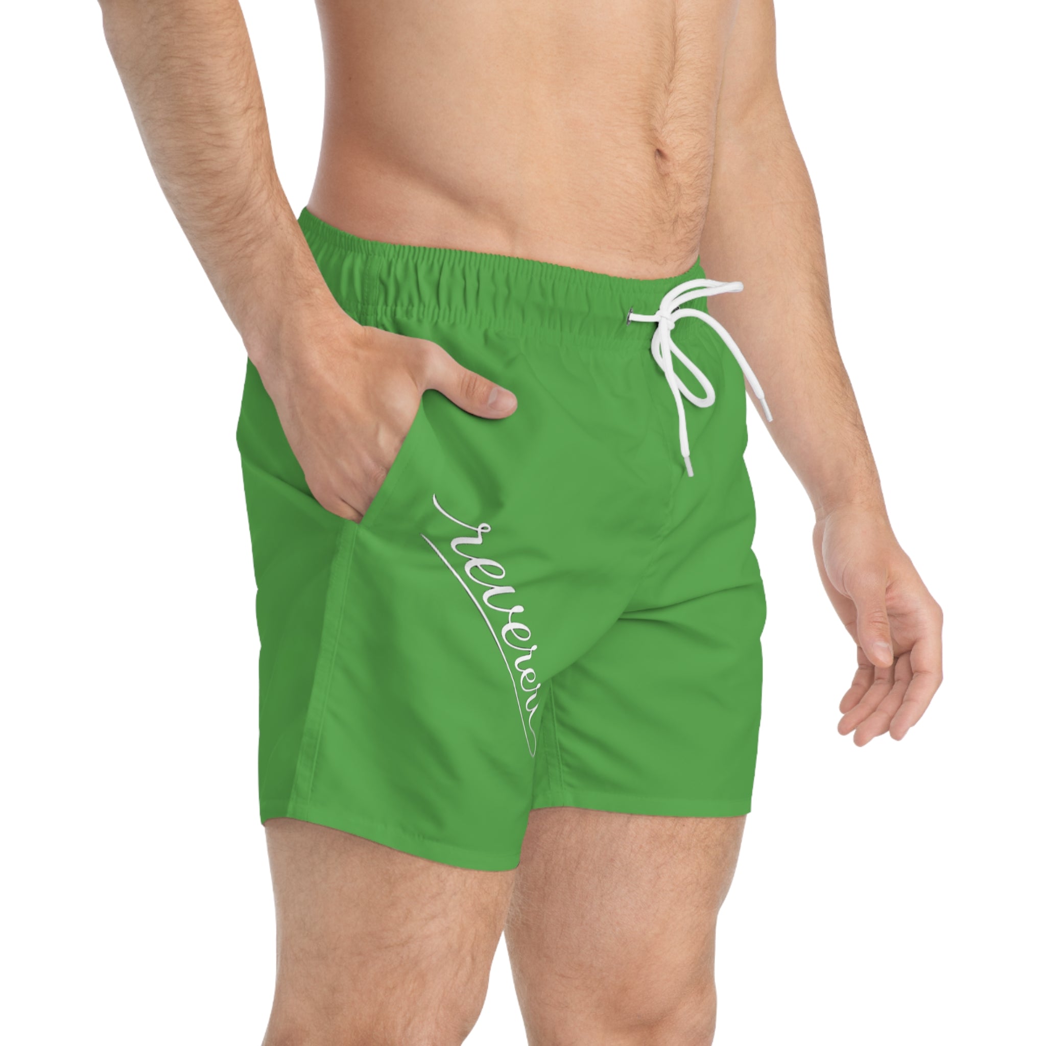 Green 'reverenci' Script Swim Trunks — Men's Beach & Pool Shorts